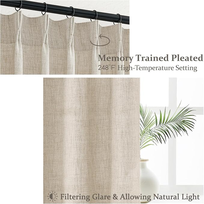 Textured Drop Cloth Curtains 102 Inches Long 2 Panels Oatmeal Cream, Light Filtering Privacy Sheer Curtains That Let Light In Country Linen Blend Pleat Memory Shape Curtain with Hooks Bedroom Living