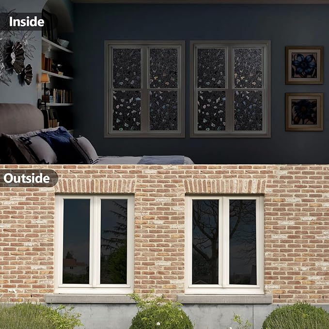 LEMON CLOUD Total Blackout Window Privacy Film,Decorative Window Film, Darkening Frosted Glass Covering 100% Opaque Removable Static Cling for High Privacy, Black Rubble Design(23.6 x 157.4 Inch)