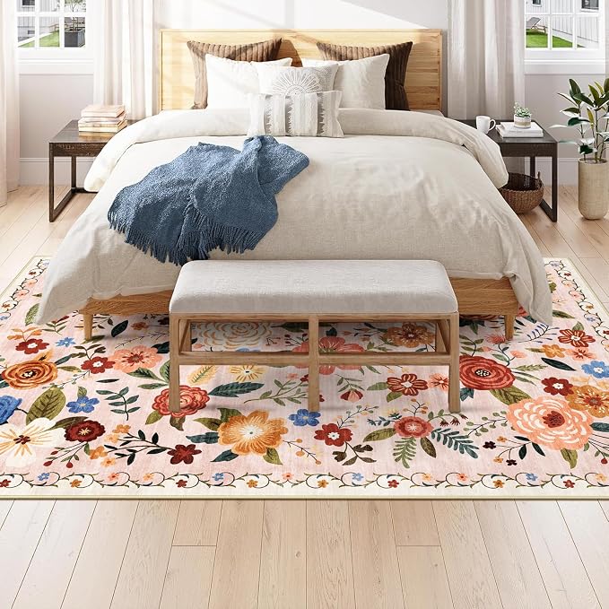 6x9 Washable Area Rug for Living Room, Floral Non-Slip Non-Shedding & Easy Care Soft Low Pile Vintage Indoor Floor Carpet for Living Room, Bedroom, Farmhouse, Dining Room, Kids Playroom, Beige