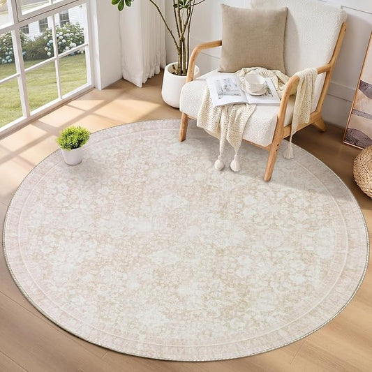 Sasttie Round Rugs 6ft, Ultra-Soft Washable Circle Rug, Low Pile Foldable Thin Carpets with Non-Slip Backing, Skin-Friendly Stain Resistant Carpet for Living Room, Bedroom, Kitchen, Dorm, 6ft, Cream