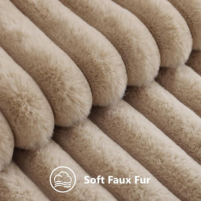 decorUhome Fall Cozy Faux Fur Throw Pillow Covers 26x26 Set of 2 Decorative Soft Plush Striped Modern Farmhouse Boho Couch Euro Sham Pillow Cases with Velvet Back for Sofa Bed Living Room, Khaki Brown