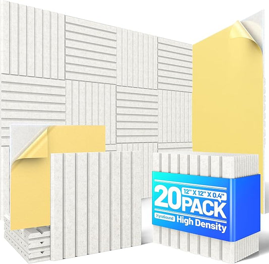 20 Pack Sound Proof Foam Panels for Walls, Acoustic Panels with Self-Adhesive 12" X 12" X 0.4" Slatted Soundproof Wall Panel, High Density Sound Absorbing Panel for Gaming Recoding Studio Decor-Ivory