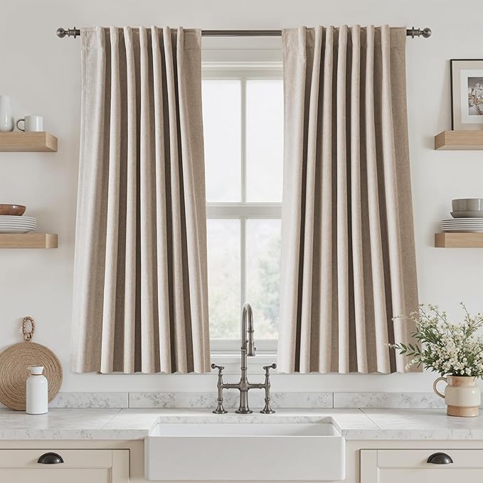 UHITECH Linen Short Black Out Curtains 54 Inch Long Living Room Back Tab Curtains for Bedroom Window Panels Set Privacy 100% Blackout Drapes Soundproof