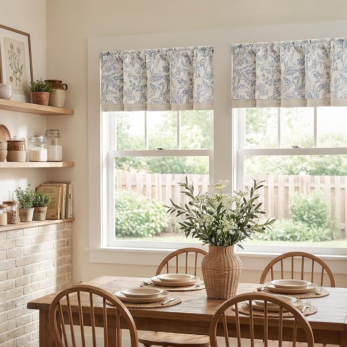 jinchan Linen Valance Curtain Farmhouse Floral Printed Small Window Curtain for Kitchen Rustic Country Light Filtering Valance for Living Room Bedroom Bathroom 16 Inch Rod Pocket 1 Panel Blue on Beige