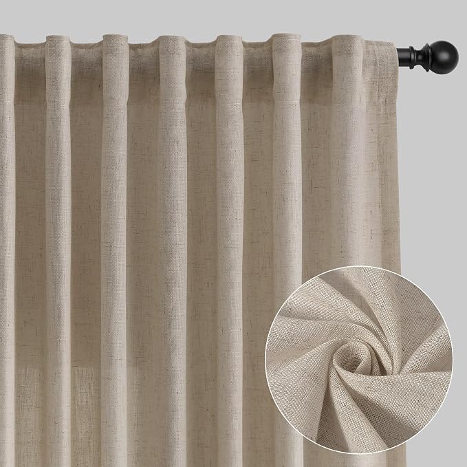 Aersas Cobblestone Linen Curtains 108 Inches Length for Living Room Flax Texture Wave Fabric Semi Sheer with Rod Pocket Back Tab for Bedroom Balcony Light Filtering Neutral Home Decor 52x108