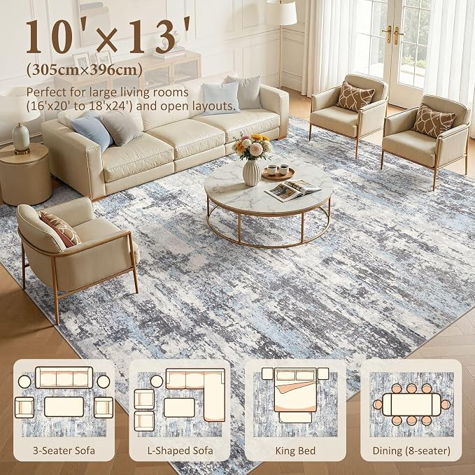 Area Rugs for Living Room: 10x13 Abstract Washable Rug Modern Neutral Large Soft Stain Resistant Non-Slip Backing Machine Table for Bedroom Dining Room Indoor Home Office Carpet - Blue Grey