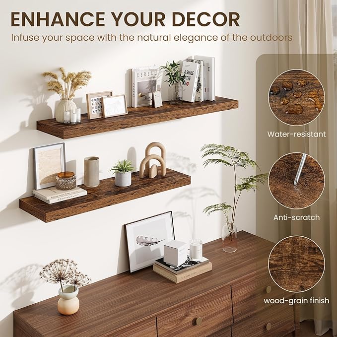 Fun Memories Floating Shelves for Wall, 30 Inch Long Floating Shelves Set of 2, 30 x 10 Wooden Shelves for Wall, Large Storage Shelves, Hanging Shelves for Bathroom Kitchen Bedroom, Rustic Brown