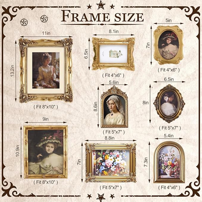 8 Pcs Vintage Picture Frames Set for Gallery Wall, Antique Gold Resin Photo Frames Collage Assorted Sizes 8x10, 5x7 & 4x6, Ornate Victorian French Country Decor for Wall Mount & Tabletop Display