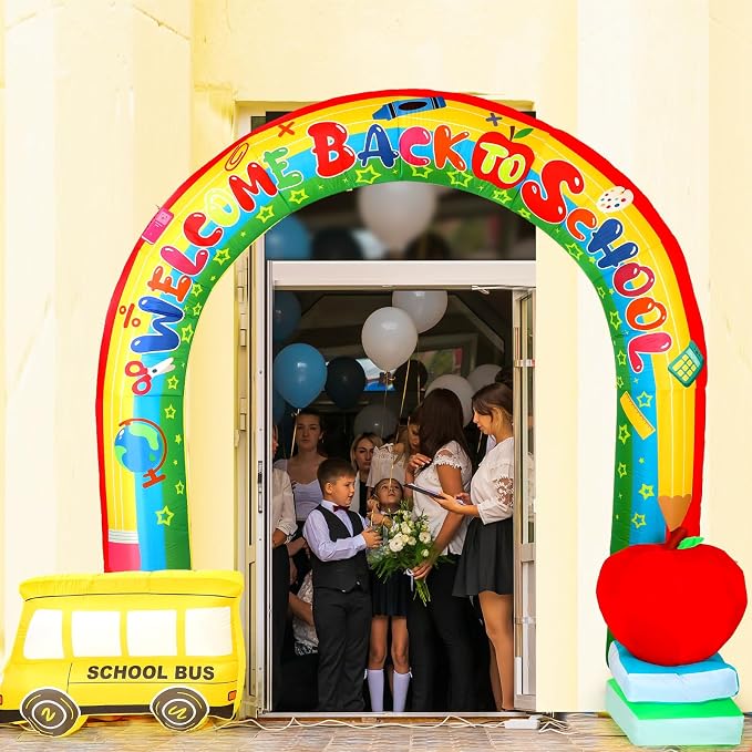 Shappy 9ft Welcome Back to School Inflatables Arch Decoration Outdoor 2026 with LED Lights for Blow up Archway First Day of School Party Lawn Yard Kindergarten Preschool Decor(Rainbow with Bus)