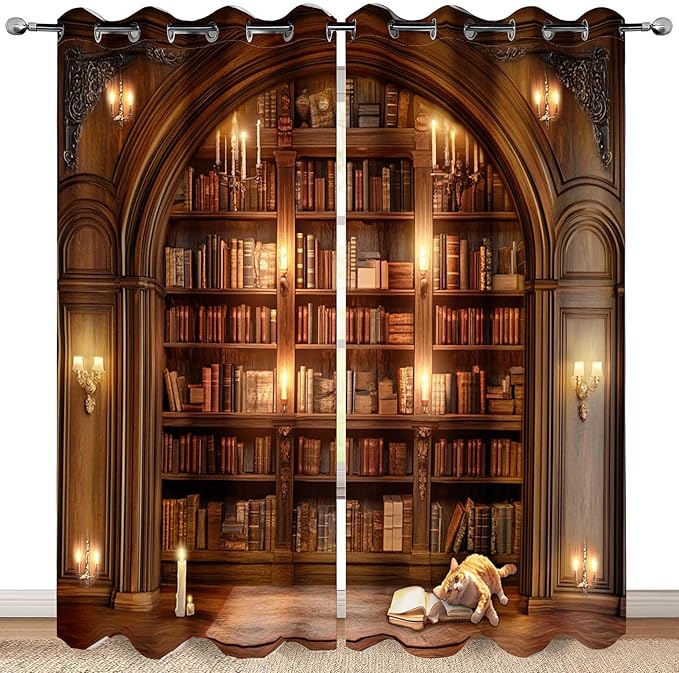 MissHope Vintage Bookshelf Blackout Curtains Book Bookcase Decor Bedroom Study Classroom Living Room Darkening Grommet Window Drapes 2 Panel Set, 42x63 Inch