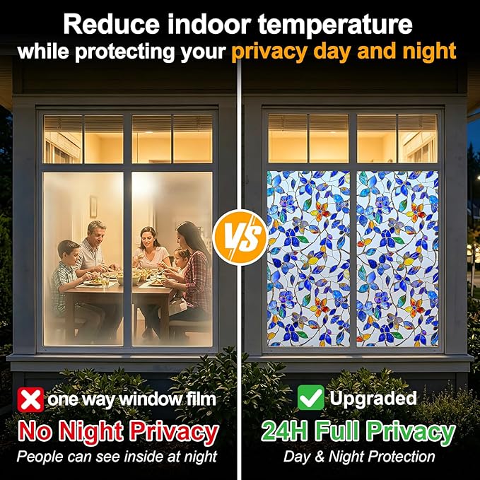Countewol Privacy Window Film Upgraded 24H Day & Night Privacy Heat Insulation Static Cling Decorative Glass Film（Upgraded UV Purple, 17.5 X 78.7 in