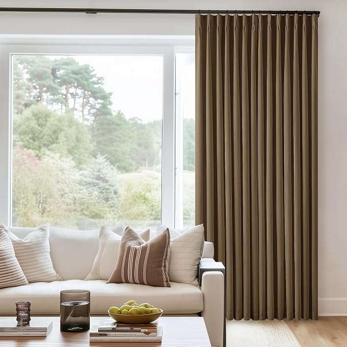 Brown Pinch Pleated 100% Blackout Linen Curtains for Bedroom 84 Inch Length Room Darkening with Liner Dutch Cocoa Window Curtains 84 Inches Long for Living Room Black Out Pleat Drapes Back Tab