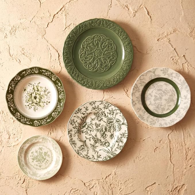 Yiyiring 5 Pcs Coastal Vintage Ceramic Wall Plates Set, Green Decoration Hanging Plates with Botanical Patterns, Holland Vintage Gifts for Wall, Home Office Art Ornament(Emerald)