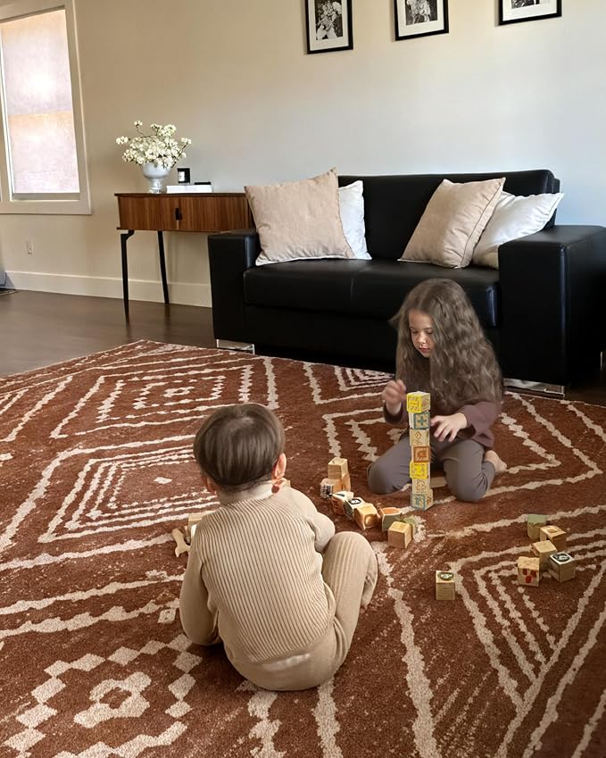 BESTSWEETIE Area Rug 6x8 Rug Machine Washable Non-Slip Low Pile Print Pattern Western Rug for Living Room Bedroom Entryway Tribal Series-Yellowbrown/Cream