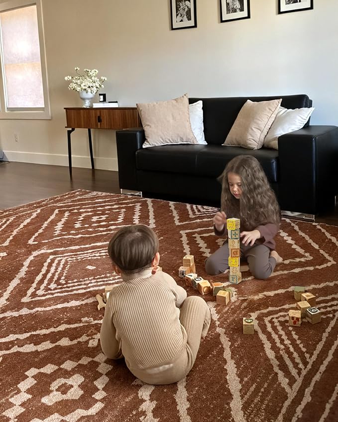 BESTSWEETIE Area Rug 6x9 Rug Machine Washable Non-Slip Low Pile Print Pattern Western Rug for Living Room Bedroom Entryway Tribal Series -Yellowbrown/Cream