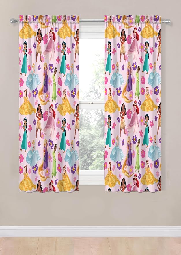 Jay Franco Window Curtains for Kids Bedroom 4-Piece Drape Set with 2 Tiebacks, Pink - Disney Princess, 42" W x 63" L (Pack of 2)
