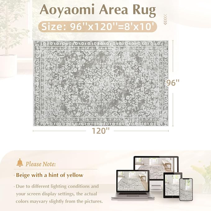 Vintage Living Room Area Rug - 8x10 Large Machine Washable Boho Area Rug Distressed Floral Rugs for Bedroom, Soft Non-Slip Indoor Floor Accent Rugs for Office Dining Room (Floral Grey, 8'x10')
