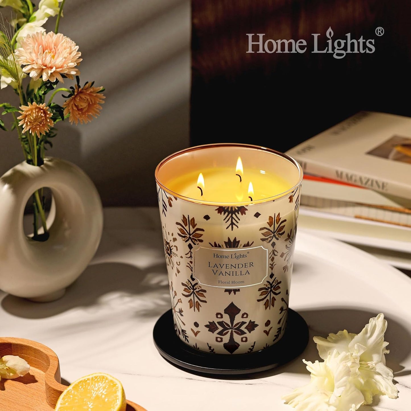 HomeLights Large jar Candle | 3-Wick Long-Lasting Scented Candles, 34oz Natural Soy Wax Candle for Home Scented, Bohemian Natural Textures Gifts for Women & Men, Lavender Vanilla