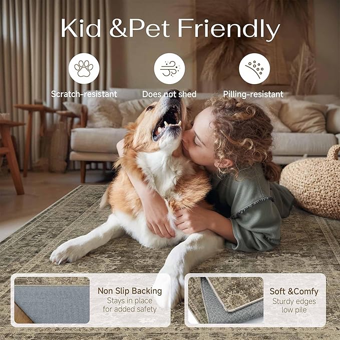 8x10 Washable Area Rug for Living Room Bedroom Brown Vintage Large Distressed Rustic Low Pile Carpet Non-Slip Soft Throw Rug for Indoor Dining Room