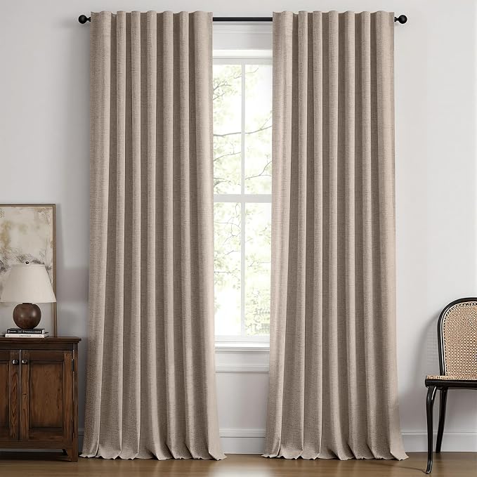 MIULEE 100% Blackout Linen Curtains for Bedroom, Solid Luxury Decor Thermal Insulation Room Darkening Drapes for Living Room Back Tab Rod Pocket 42 x 96 Inches, 2 Panels, Linen