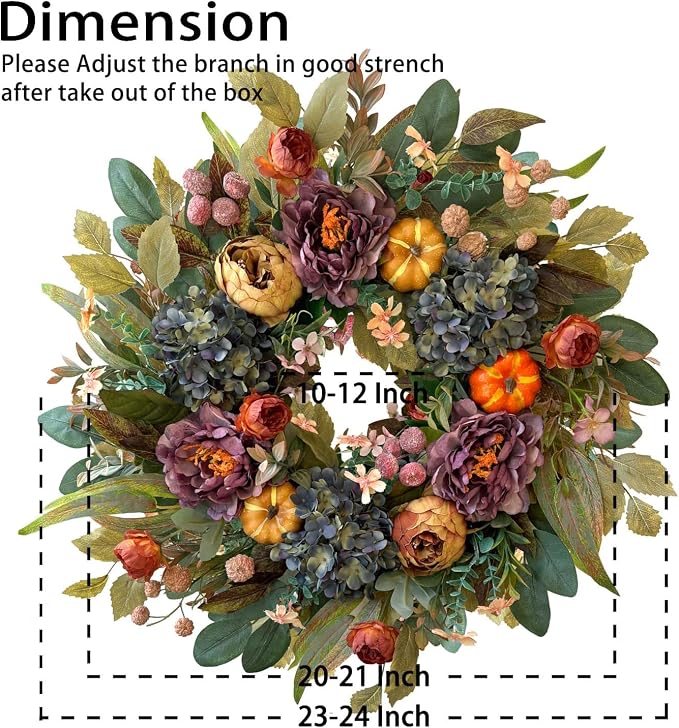 WANNA-CUL 24in Fall Front Door Wreath,Hydrangea Peony Pumpkin Harvest Decor | Twig-base Autumn wreath, Thanksgiving Farmhouse decor with storage box for reuse, indoor outdoor seasonal gift