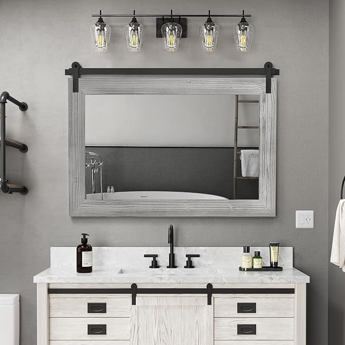 COGOOD Bathroom Mirrors for Over Sink - 41" x 30" Farmhouse Barn Door Mirror for Living Room, Entryway, Bedroom, Vanity Wall Decor Grey