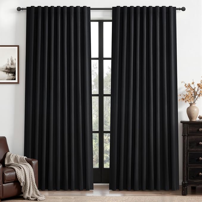 Black Out Curtains 70 Inches Extra Wide Luxury Linen Curtains 96 Inch Length for Living Room, Pleated Farmhouse Bedroom Thermal Heavy Drapes for Winter Thick Large Window 70"W x 96"L 2 Panels