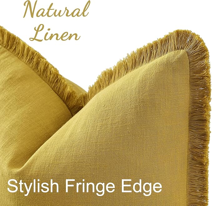 decorUhome Summer Decorative Neutral Linen Fringe Throw Pillow Covers Set of 2 Mustard Yellow Pillow Covers with Tassels Soft Farmhouse Boho Accent Pillow Cases for Couch Bed Sofa 18x18 Inch