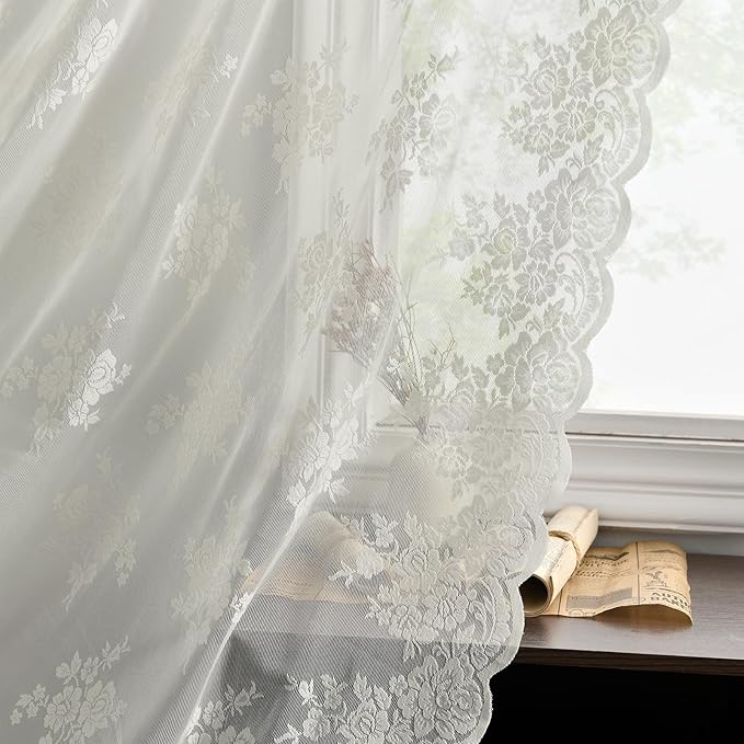 Kotile Ivory Lace Curtains 36 Inch Length 2 Panels, Country Rustic Floral Lace Curtains Short for Kitchen Window, Rod Pocket Privacy Lace Cafe Curtains, 42 x 36 Inch Each, 1 Pair, Ivory