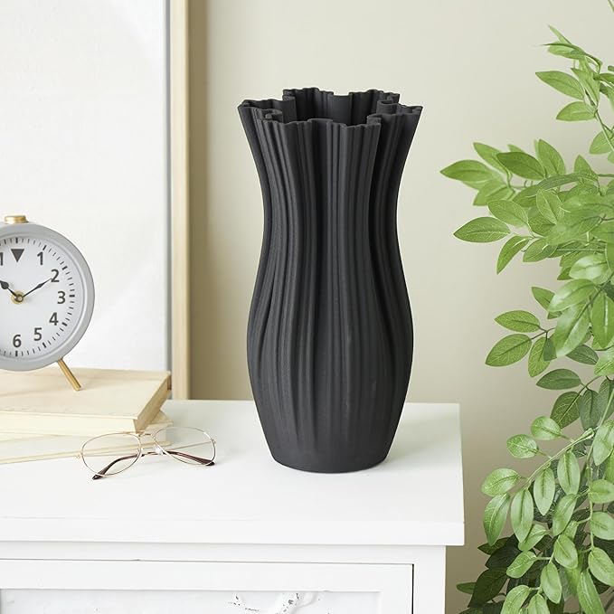 Deco 79 Ceramic Abstract Decorative Vase Ribbed Tulip Inspired Centerpiece Vase with Floral Shaped Rim, Flower Vase for Home Decoration 7" x 7" x 14", Black