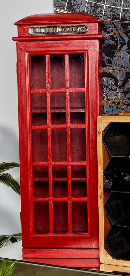 Deco 79 Wooden Vintage Telephone Booth Accent Cabinet, 11" x 9" x 30", Red | London telephone booth, storage cabinet, 3 shelves, red bookshelf