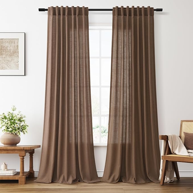 Linen Floor to Ceiling Curtains 120 Inches 2 Panels Set Back Tab Flax Privacy Drapes for Living Room Neutral Farmhouse Light Filtering Semi Sheer for Large Window Treatments 52x120 Caramel Brown