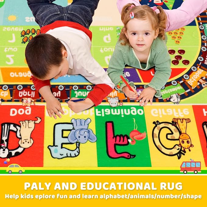 ABC Kids Rug for Playroom 59"×78.7" Play Mat Alphabet Rug Animal Number Shape Classroom Kids Playroom Early Learning Carpet for Educational Learning & Game Area Preschool