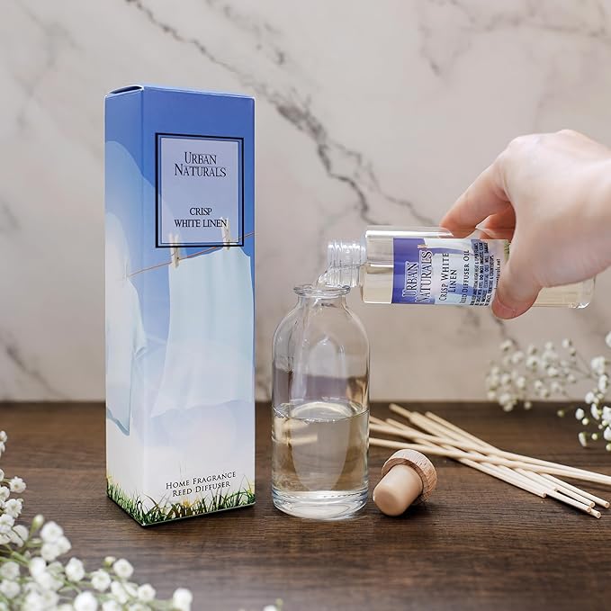 Urban Naturals Reed Diffuser Set, Baby Powder Bliss - Bathroom Shelf Décor | Bliss, Made with Essential Oils & Real Botanicals, Powdery Floral Notes, Rose, Geranium, Musk & Cedar, Makes a Great Gift