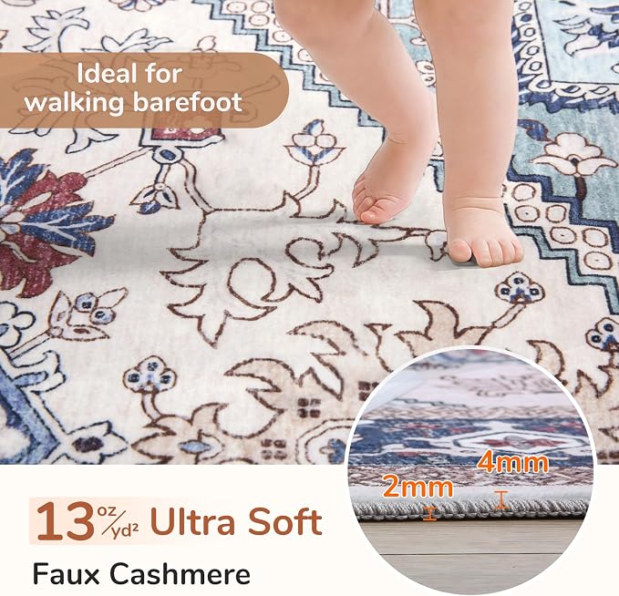 OPPODREAM Soft Entryway Rug 2x12, 2x12 Rug Runner, Washable Hallways Carpet 2 x 12 with Non Slip Backing, Low-Pile Bedside Carpet 2 x 12, Long, Faux Cashmere, Navy Blue & Red & Cream