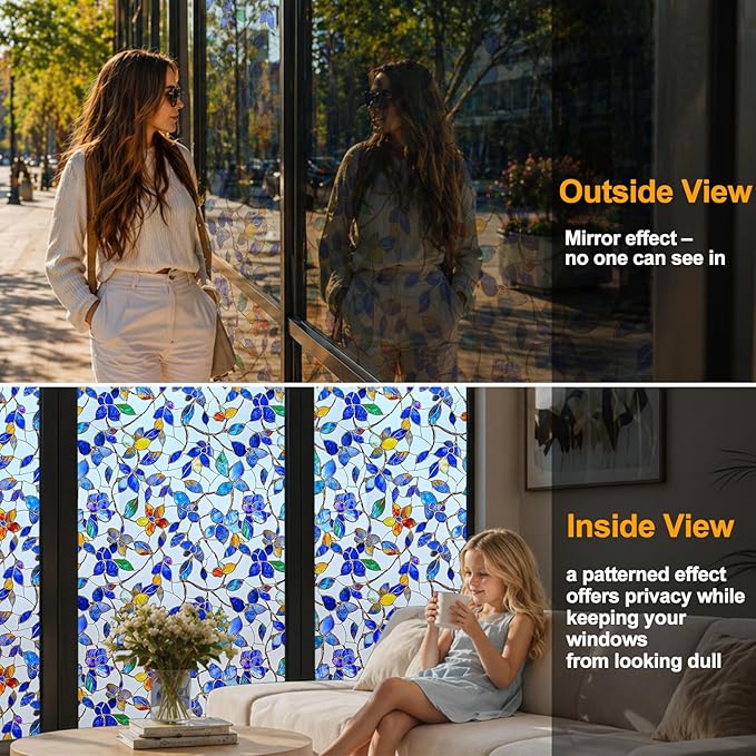 Countewol Privacy Window Film Upgraded 24H Day & Night Privacy Heat Insulation Static Cling Decorative Glass Film（Upgraded UV Purple, 17.5 X 78.7 in