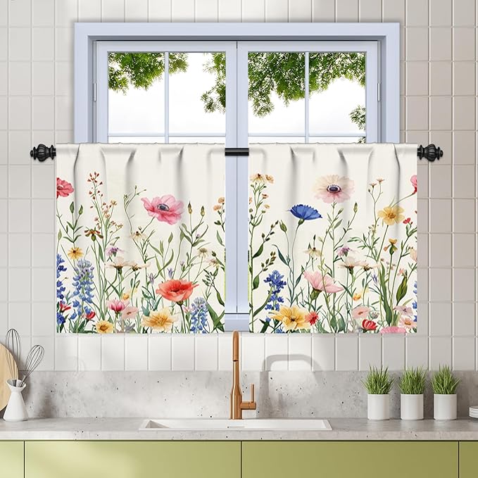 Renaiss 26 x 30 Inch Floral Kitchen Curtains for Windows Wildflower Cafe Linen Tier Farmhouse Curtains Country Botanical Plant Small Window Rod Pocket Rustic Curtain for Laundry Bathroom RV 2 Panels