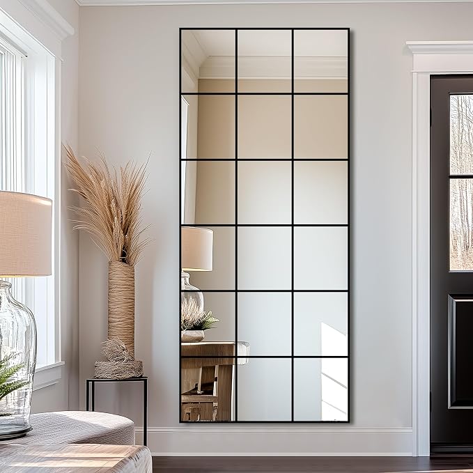 Delma Full Length Mirror, 30"x 70" Window Pane Decorative Mirror for Wall, Black Metal Framed Wall Decor, Wall Mounted, Hanging or Leaning for Bedroom, Living Room, Entryway