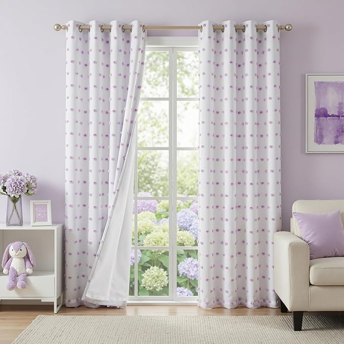 MEETSKY 100% Blackout Curtains for Girls Bedroom 84 Inch Length 2 Panels,Total Light Blocking White and Purple Curtains for Kids Room,Grommet Room Darkening Window Drapes with Pom Pom Sheer 52W x 84L