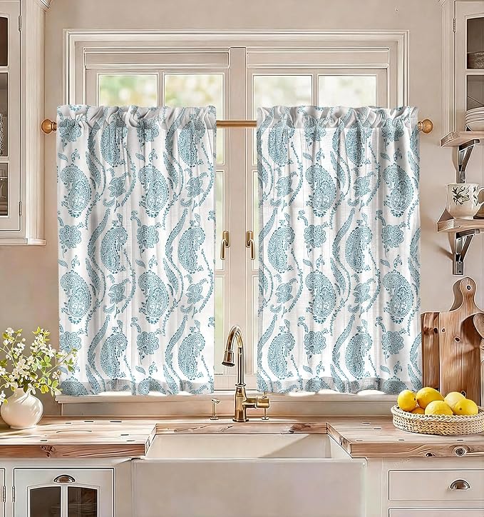 Miss Adola Farmhouse Kitchen Tier Curtains - 36 Inch Length Linen Blend Floral Cafe Curtains Blue Small Window Treatments Over Sink Rod Pocket for Bathroom Living Room Light Filtering, 2 Panels