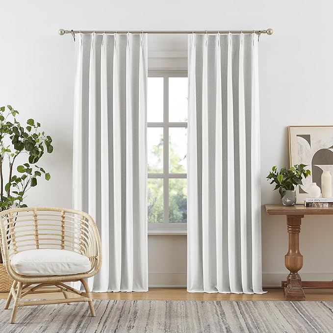 White Full Blackout Curtains 90 Inch Long 2 Panels,Pinch Pleated Folding Accordion Energy Saving Curtains with Hooks for Ceiling Track,Weather Thermal Boho Window Drapes for Bedroom