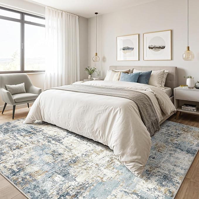 5x8 Area Rug Washable Rugs: Large Abstract Modern Soft Stain Resistant Indoor Floor Non-Slip Accent Carpet for Living Room Bedroom Nursery Playroom Dining Room Office Dorm Home House- Light Blue