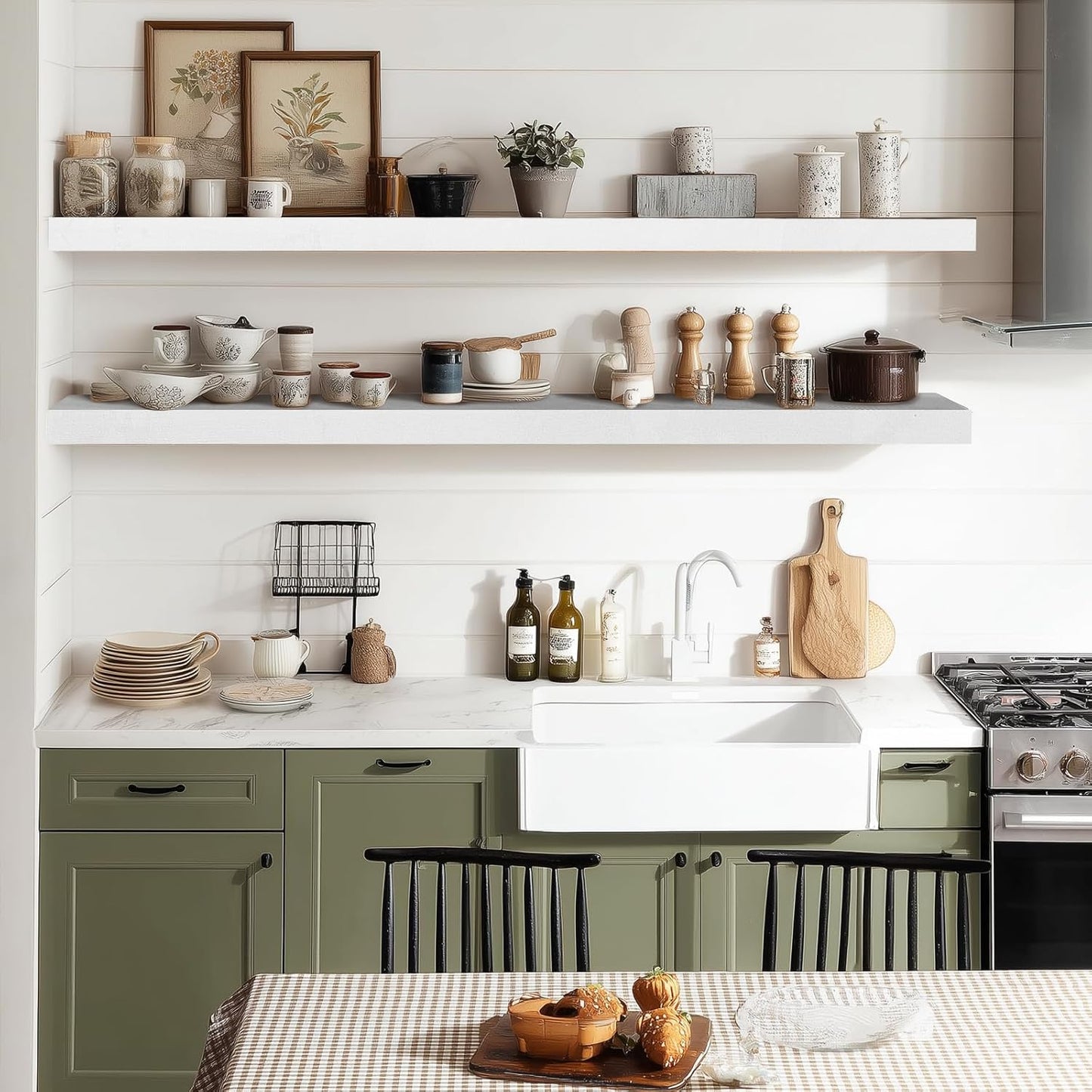 36"x6.8"x1.2" Solid Wood Floating Shelves 2-Pack - Rustic White Finish with Hidden Brackets, Perfect for Storage and Décor in Living Room, Kitchen, Bedroom