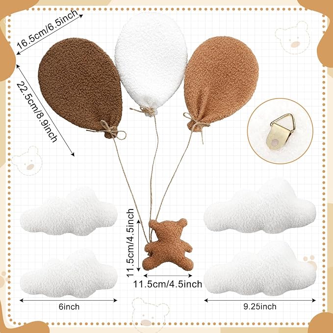 Chumia 5 Pcs Teddy Bear Nursery Wall Decor Balloons Nursery Wall Art with Clouds Star Soft Plush Baby Room Decor Gender Neutral for Bedroom Playroom Decoration