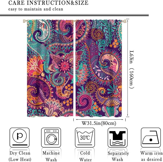 Vintage Bohemian Curtains, Indian Bohemian Mandala Colorful Pattern Blackout Thermal Curtains, Bedroom Living Room Curtains, 2 Panel Set, 63x63 in.
