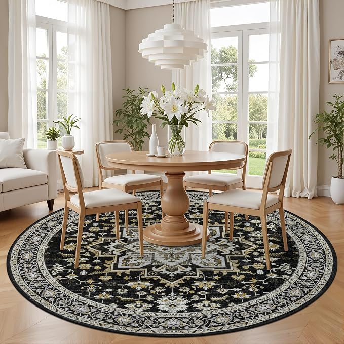 Round Area Rug for Living Room: 8 ft Washable Vintage Boho Soft Thin Circle Rug Indoor Floor No Slip Stain Resistant Carpet for Bedroom Dining Room Farmhouse Nursery Home Office -Black Gold
