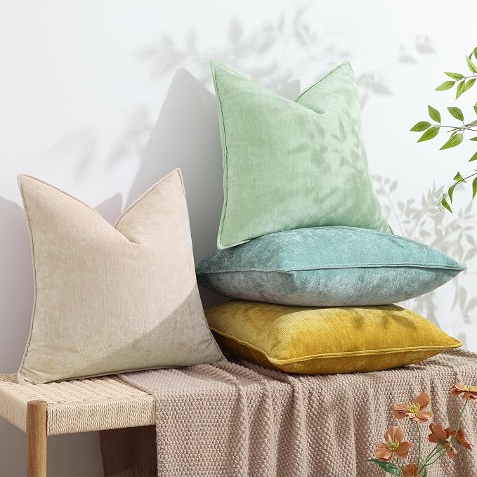 decorUhome Fall Couch Throw Pillow Covers 20x20 Set of 2, Decorative Soft Velvet Modern Cozy Chenille Pillow Cases with Elegant Design for Sofa Bed Living Room Home Decor, Sage Green