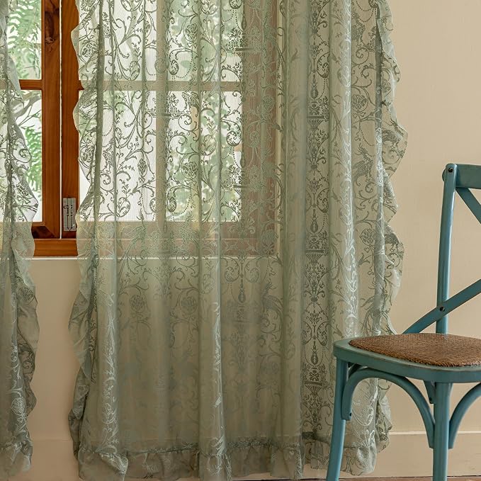 TUDECO Sage Green Lace Sheer Curtains 96 Inches Long 2 Panles | French Floral Pattern, Ruffle Edges,for Dining Room Living Room, Light Filering Privacy, Spring Summer Decor, 59 x 96 Inch