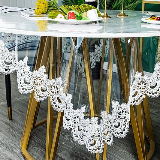Jeloris Plastic Clear Round Tablecloth Vinyl PVC Waterproof Tablecloth Embroidered Lace Edge Transparent Table Cover for Kitchen Dining Coffee Table (Round 75 inch, White)