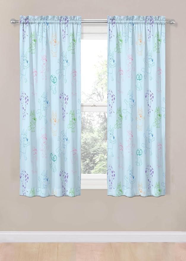 Jay Franco Window Curtains for Kids Bedroom 4-Piece Drape Set with 2 Tiebacks, Blue - Bluey, 42" W x 63" L (Pack of 2)